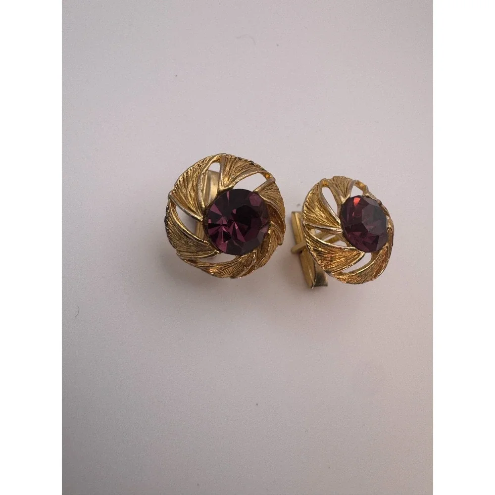 Vintage Brutalist Cufflinks Mid Century Gold Tone Swirl Purple Rhinestone